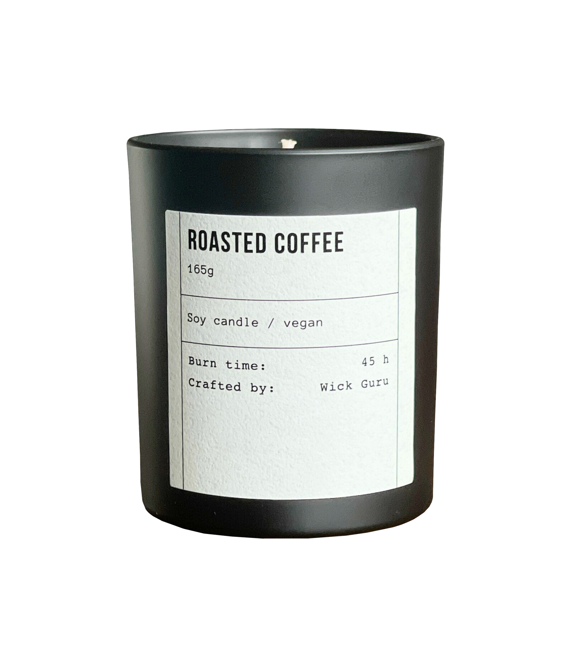 Black candle labeled 'Roasted Coffee' with a white label on a white background