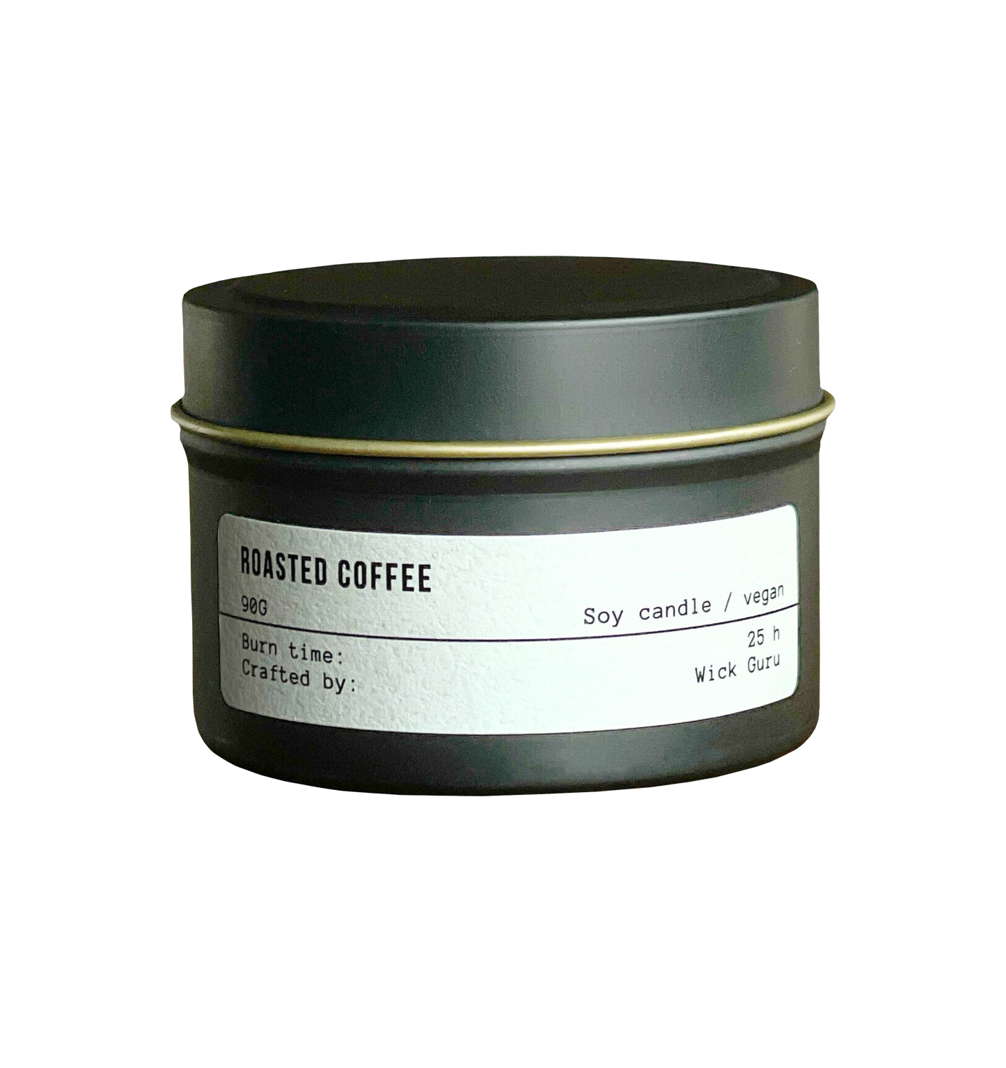 Scented candle in a black tin labeled 'Roasted Coffee' on a white background