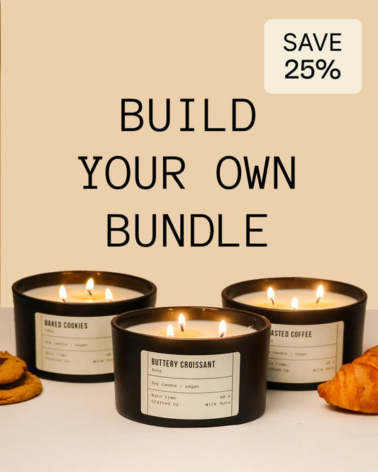 Three lit candles with labels on a beige background, with text 'Build Your Own Bundle' and 'Save 25%'.