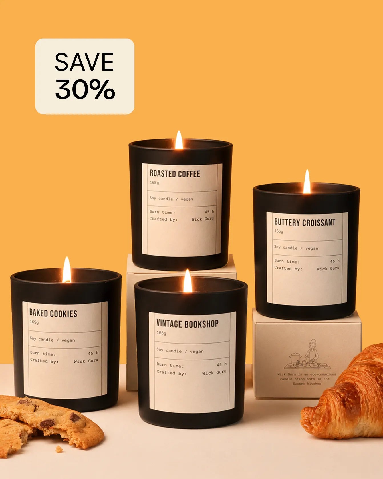 Four lit candles with labels on a yellow background, with a 'Save 30%' label above.