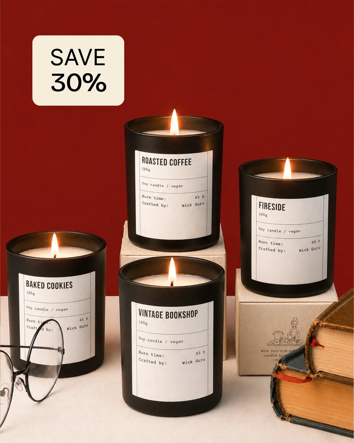 Set of candles with labels on a red background, with a 'Save 30%' label.