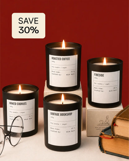 Set of candles with labels on a red background, with a 'Save 30%' label.