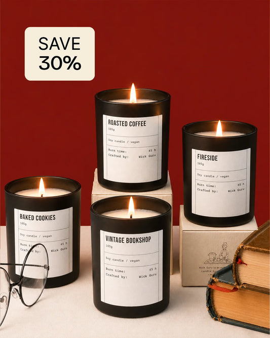 Set of candles with labels on a red background, with a 'Save 30%' label.