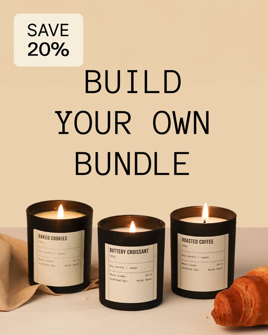 Three lit candles with labels on a beige background, with text 'Save 20% Build Your Own Bundle'.