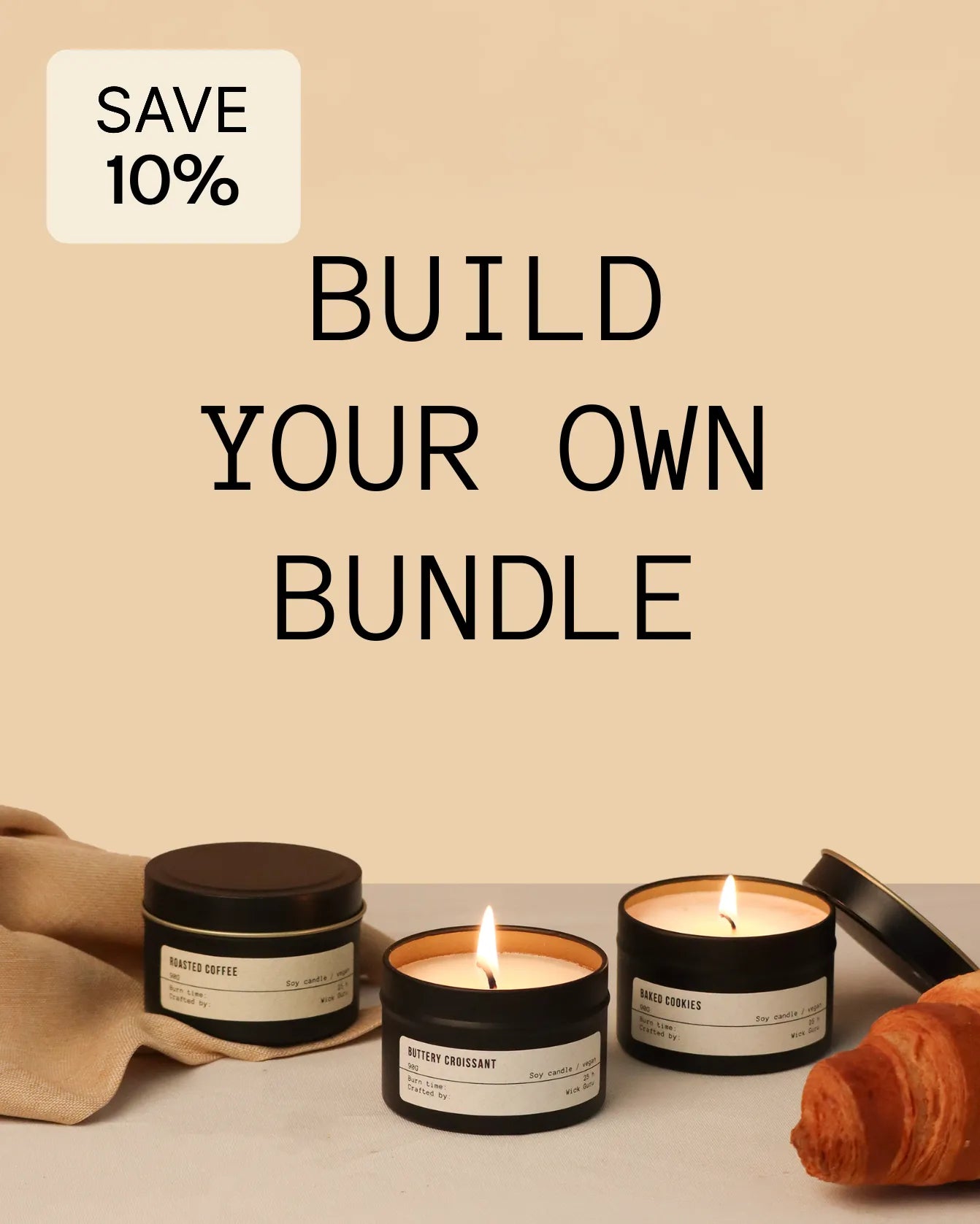 Three lit candles on a beige surface with a promotional text overlay for building a bundle and saving 10%.