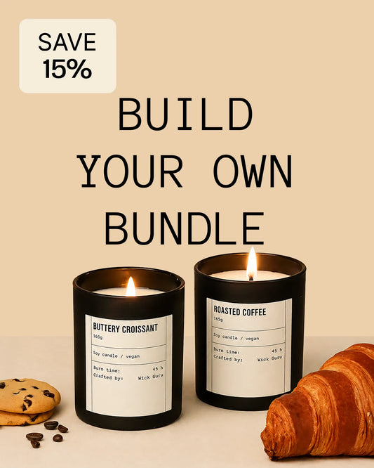 Two lit candles with labels, cookies, and a croissant on a beige background with text 'Build Your Own Bundle' and 'Save 15%'.