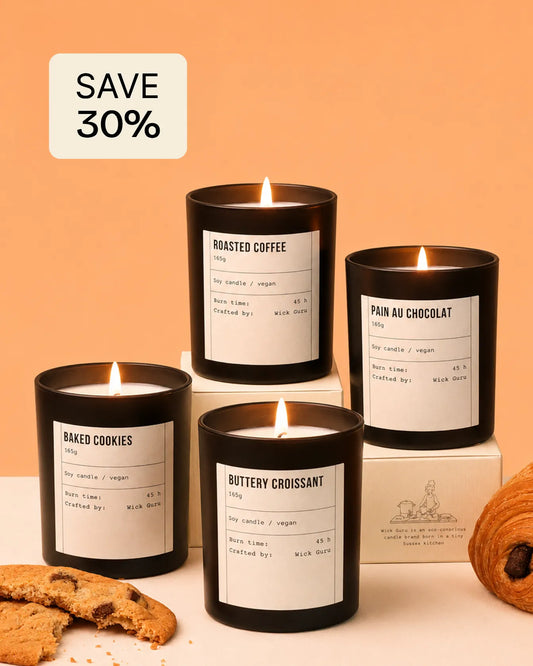 Four lit candles with labels on a peach background, with a 'Save 30%' label.