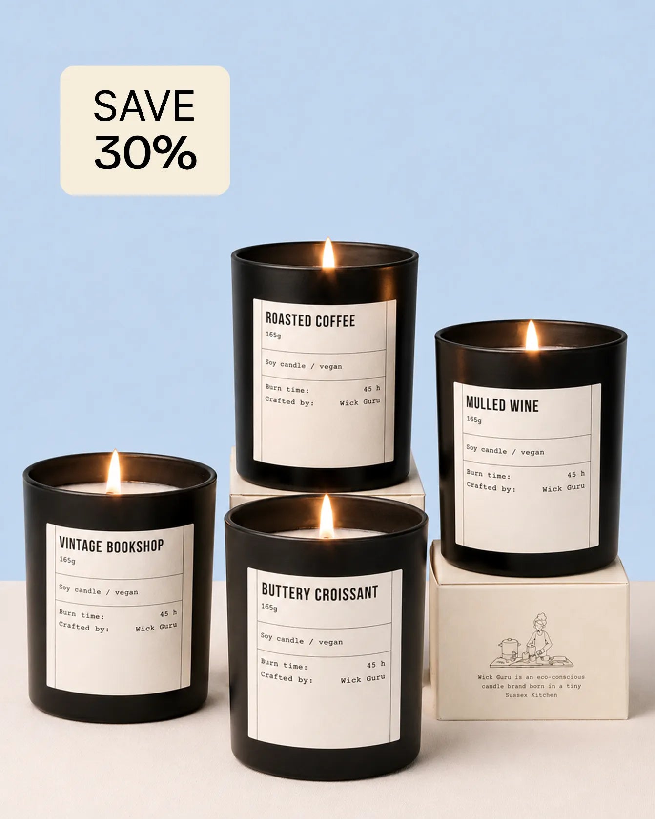 Set of four scented candles with labels on a light blue background, featuring a 'Save 30%' label.