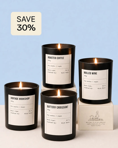Set of four scented candles with labels on a light blue background, featuring a 'Save 30%' label.