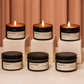 Set of bestselling tin candles with labels on a neutral background