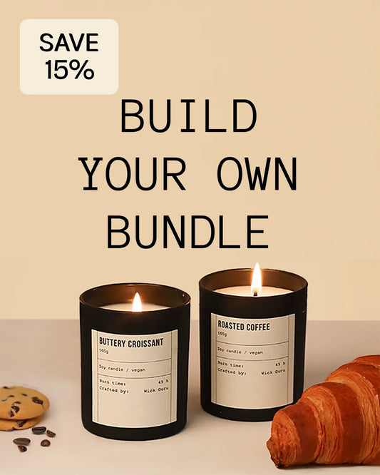 Two lit candles with labels, cookies, and a croissant on a beige background with text promoting building a bundle and saving 15%.