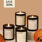 Five scented candles with labels on a beige background, with a 'Save 30%' label above.