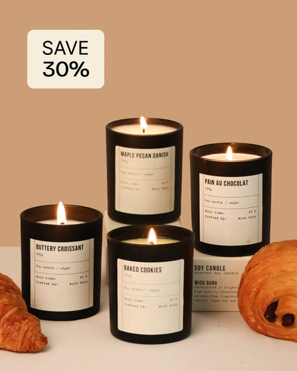 Five scented candles with labels on a beige background, with a 'Save 30%' label above.
