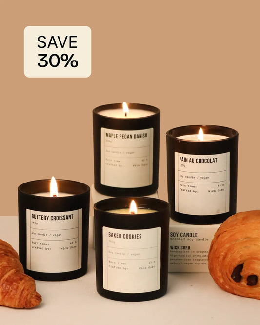 Five scented candles with labels on a beige background, with a 'Save 30%' label above.