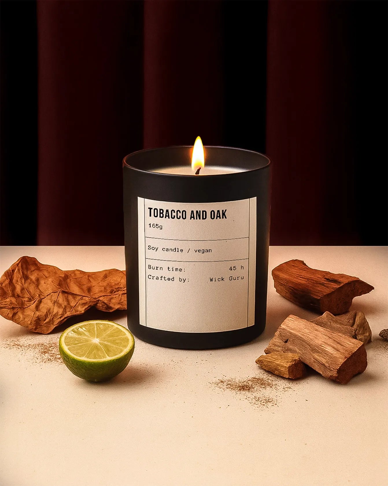 Candle labeled 'Tobacco and Oak' with wooden elements and a lime on a beige surface.