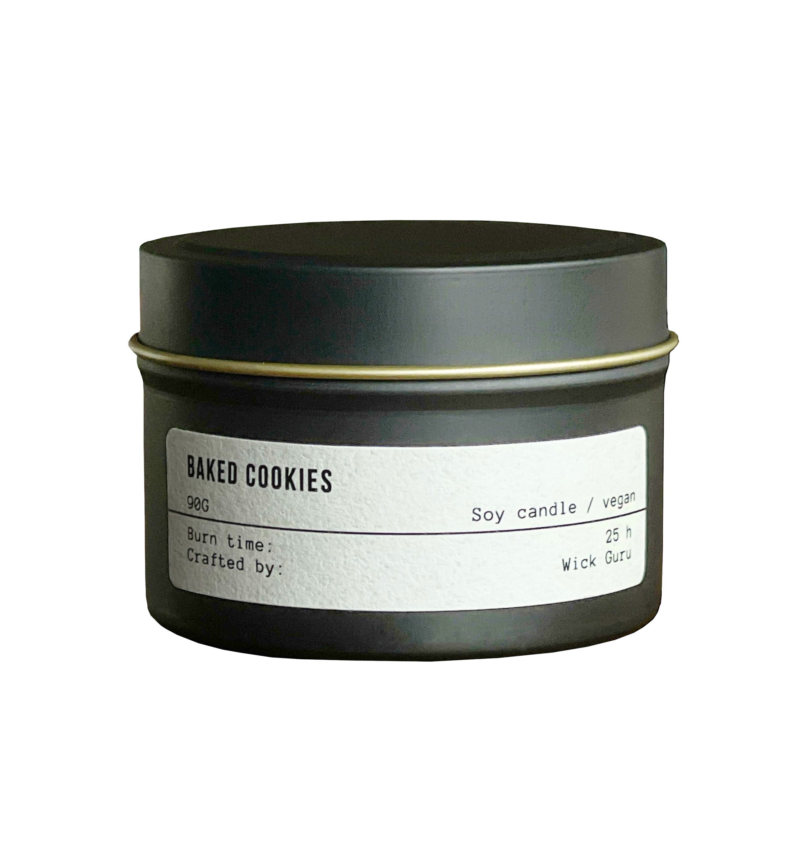 Candle jar labeled 'Baked Cookies' with a black lid on a white background