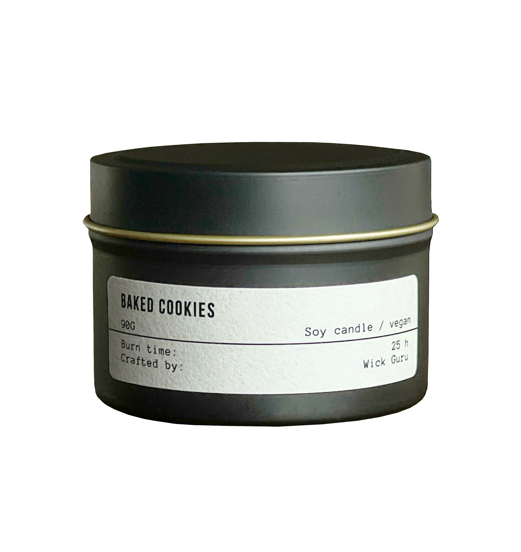 Candle jar labeled 'Baked Cookies' with a black lid on a white background