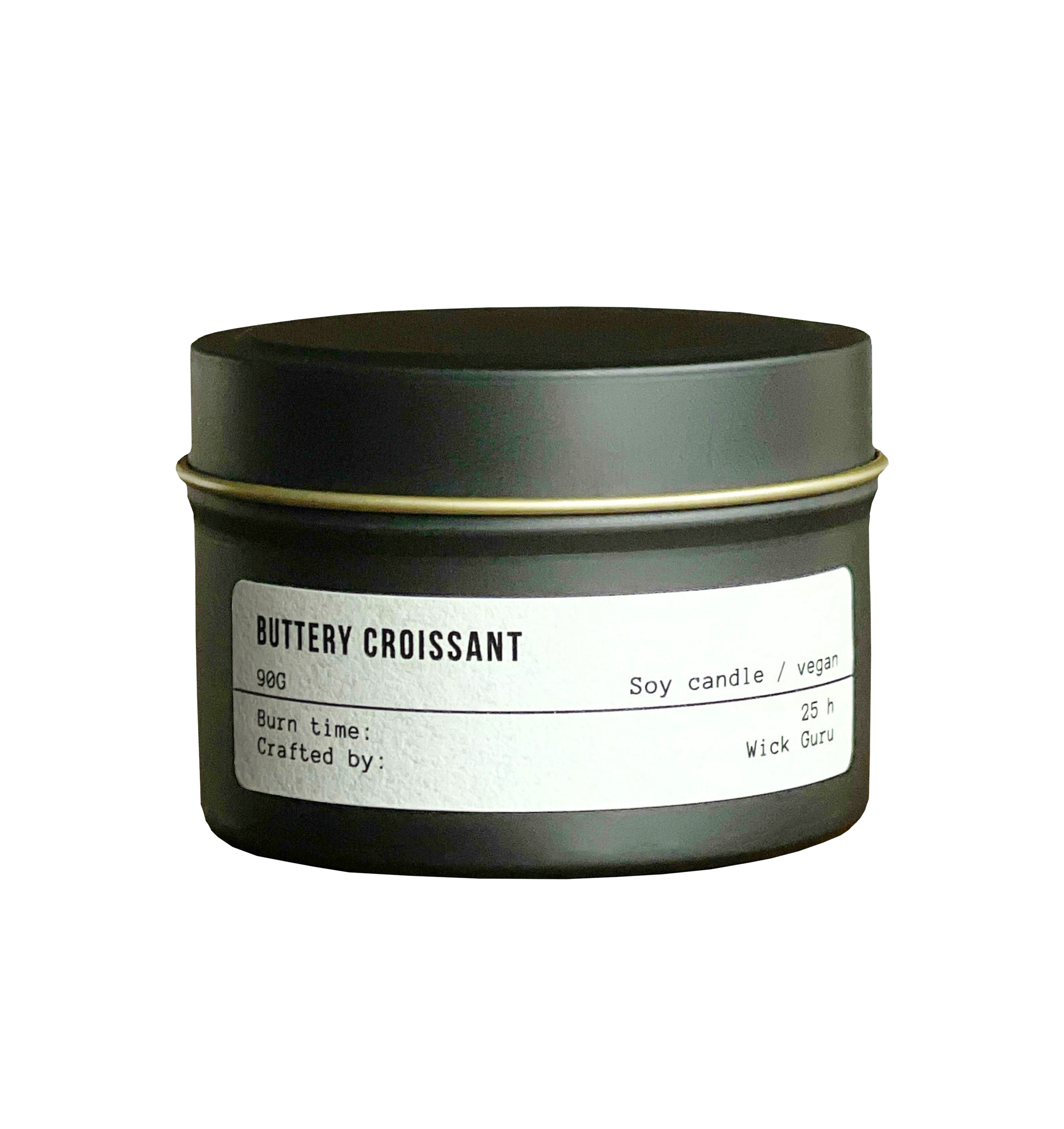 Candle labeled 'Buttery Croissant' with a black lid on a white background