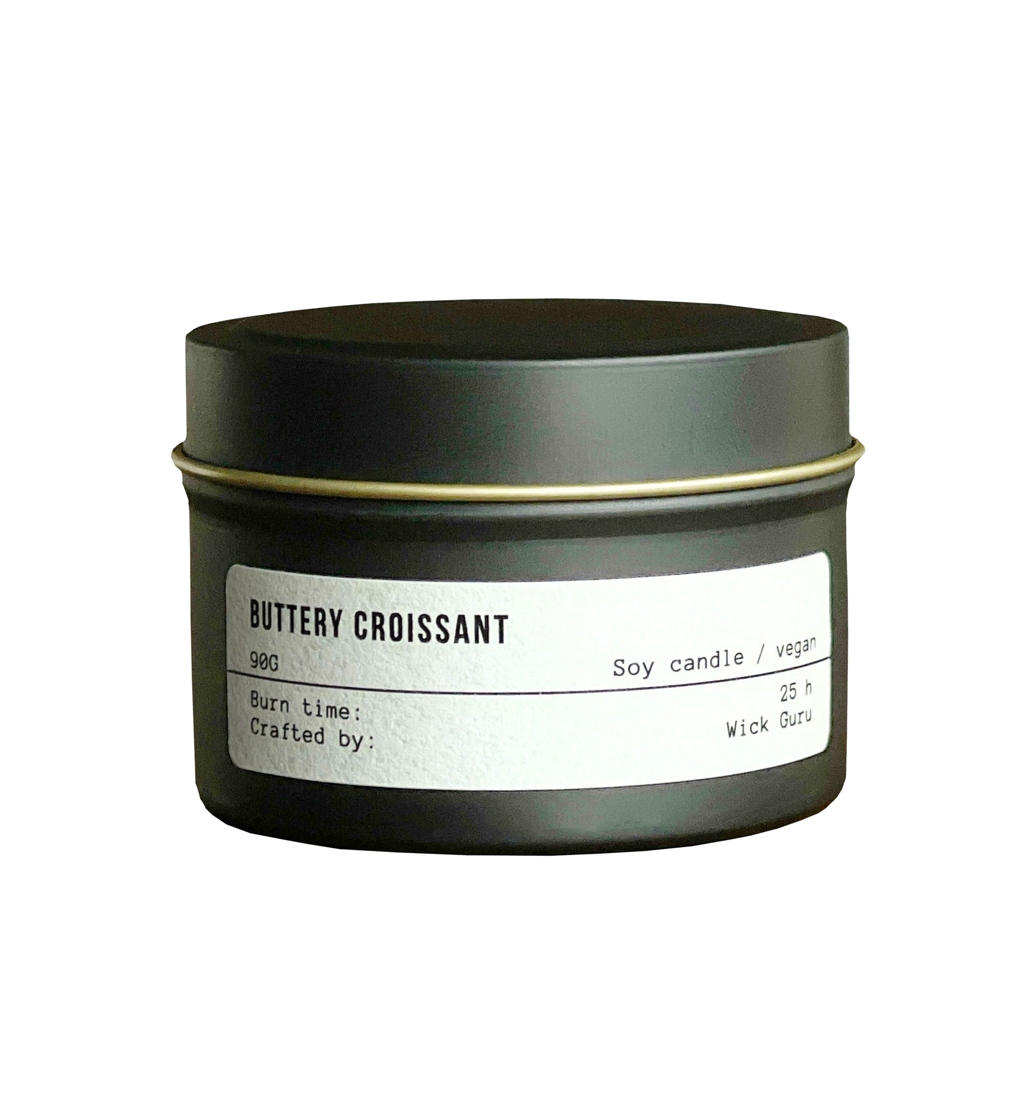 Candle labeled 'Buttery Croissant' with a black lid on a white background