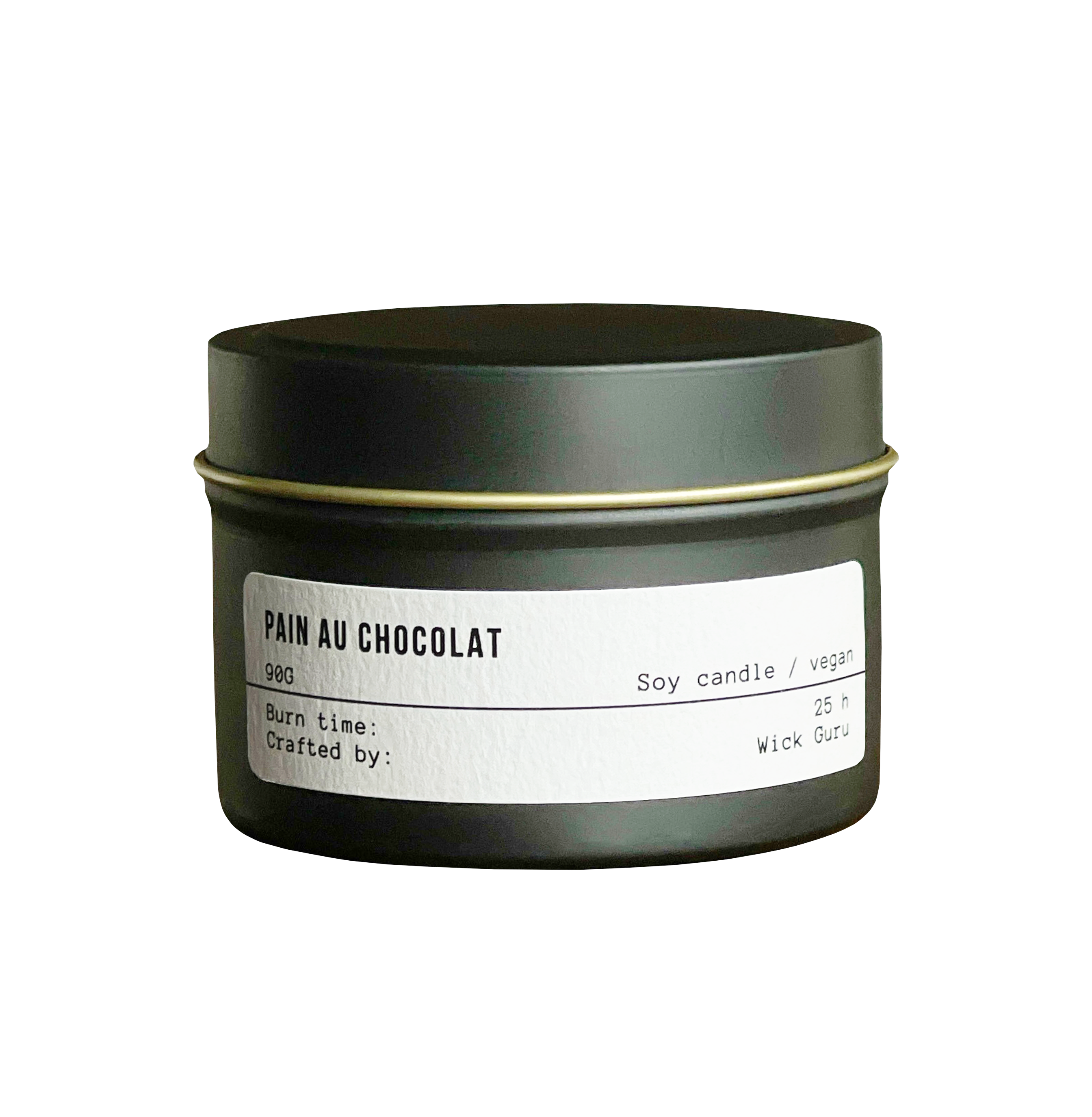 Candle in a green tin labeled 'Pain Au Chocolat' on a white background