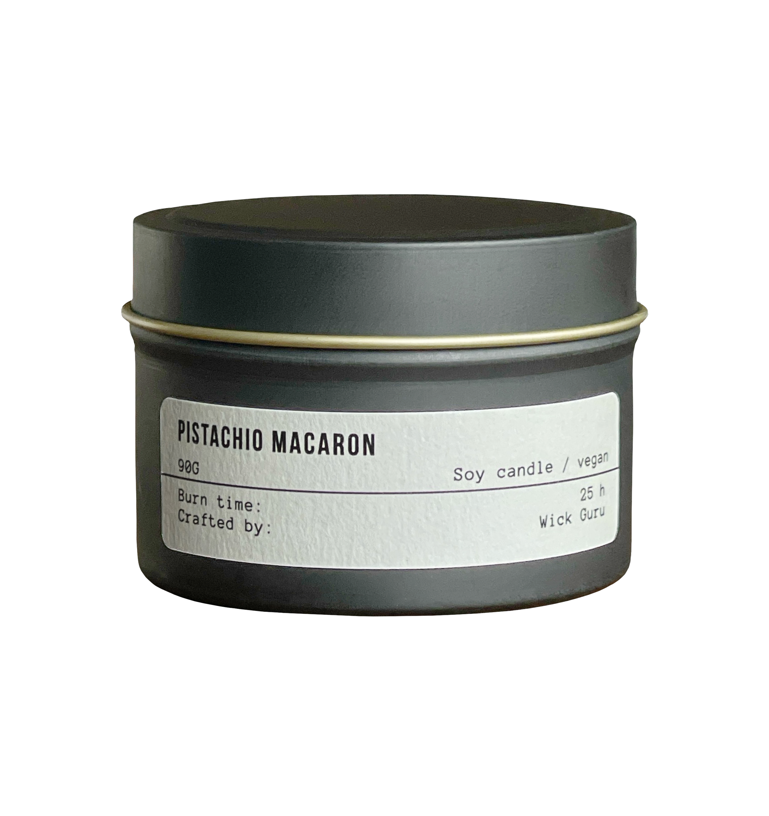 Candle tin labeled 'Pistachio Macaron' on a white background