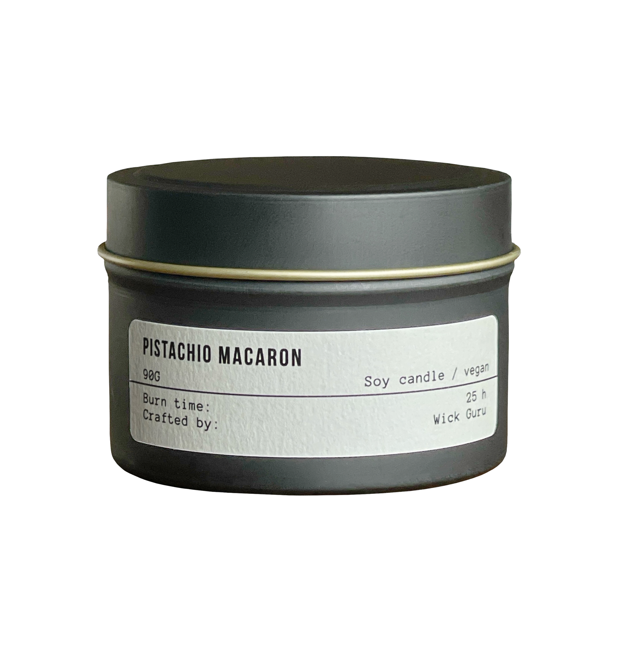 Candle tin labeled 'Pistachio Macaron' on a white background