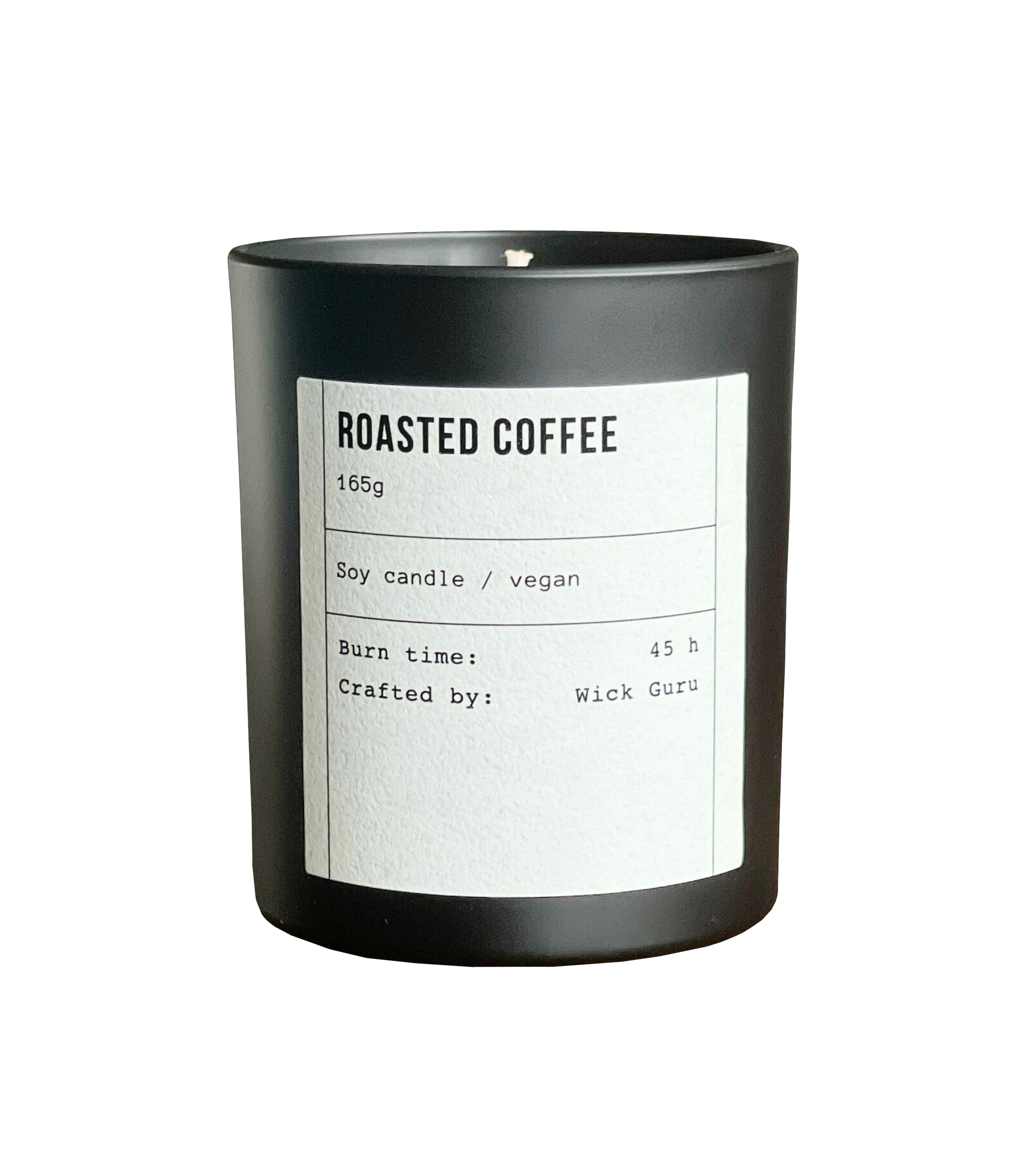 Black candle labeled 'Roasted Coffee' with a white label on a white background