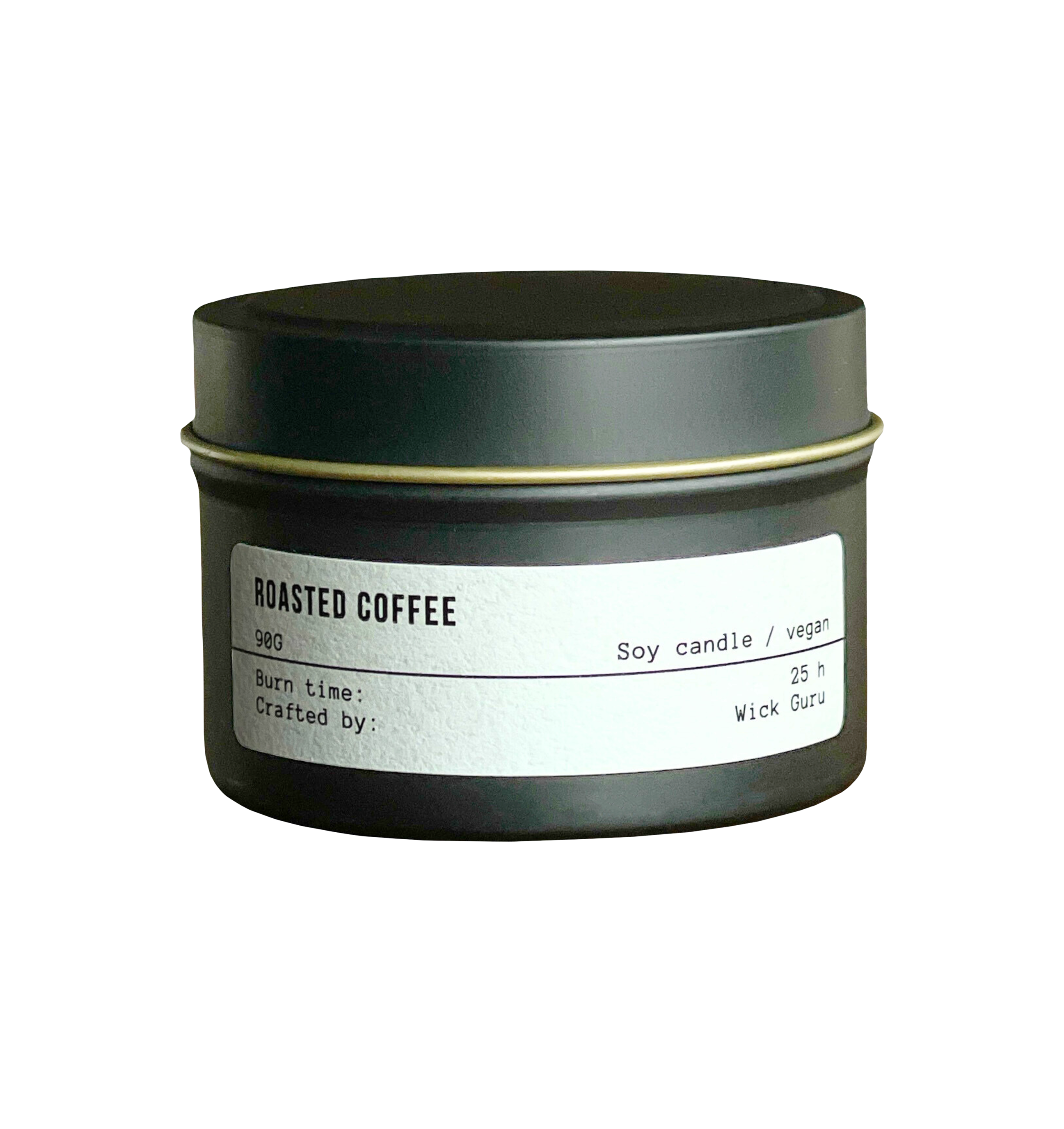 Scented candle in a black tin labeled 'Roasted Coffee' on a white background