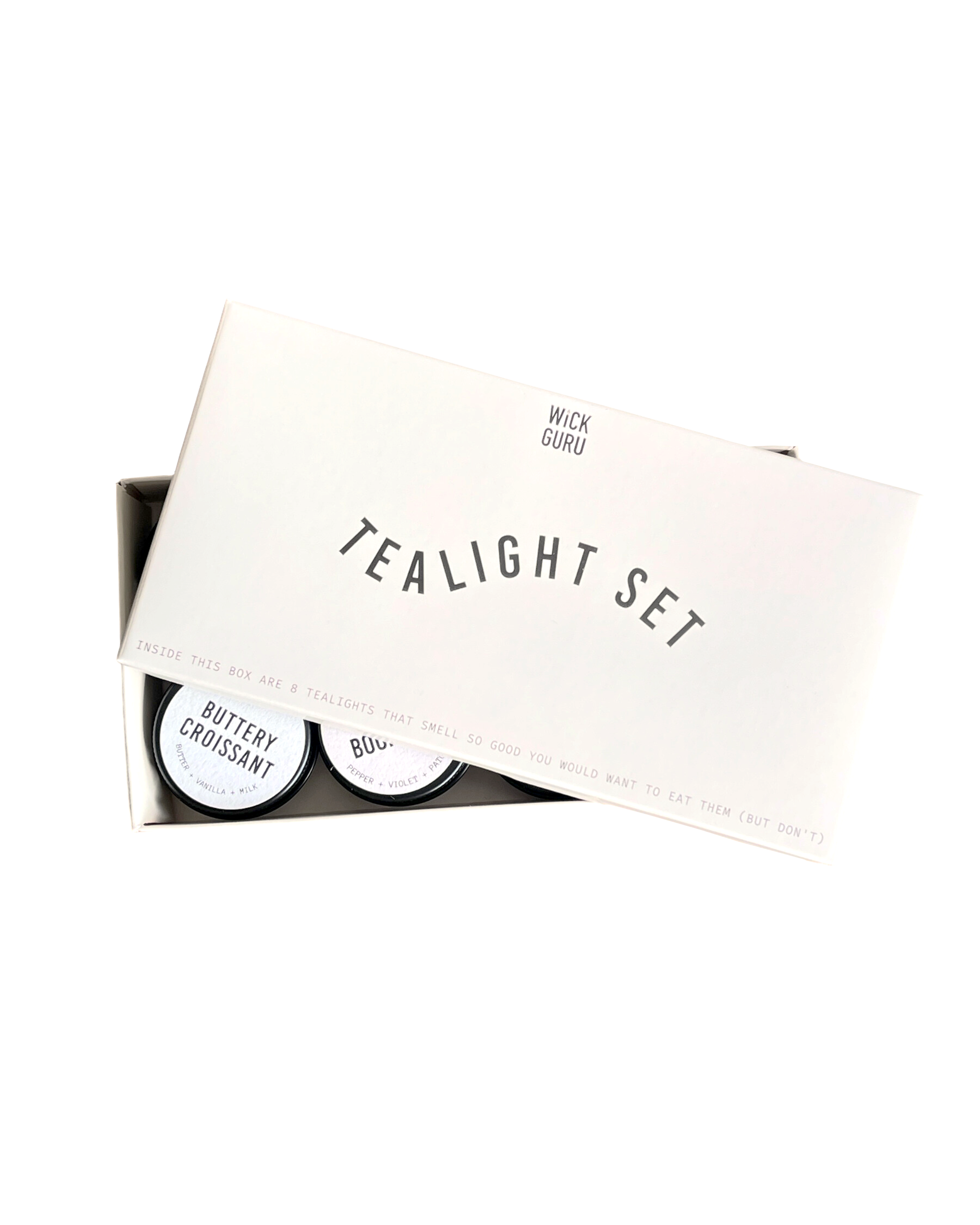 Tealight candle set with 'Wick Guru' branding on a white background