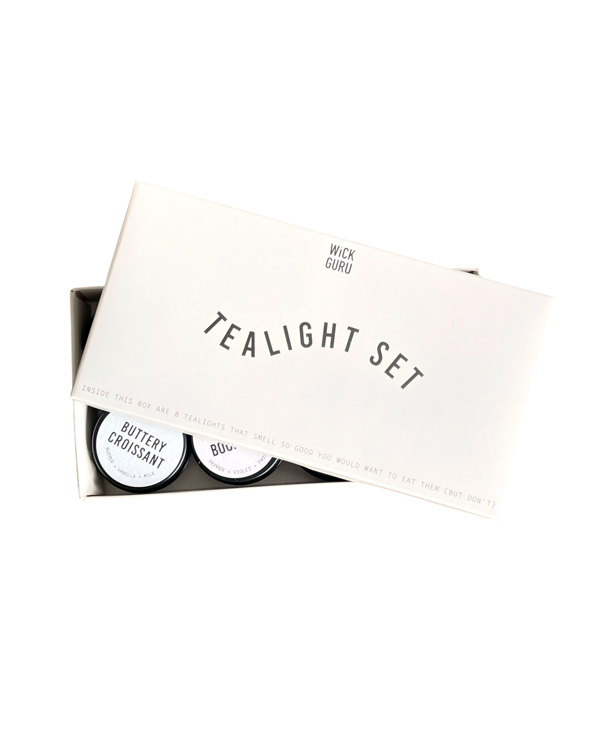 Tealight candle set with 'Wick Guru' branding on a white background