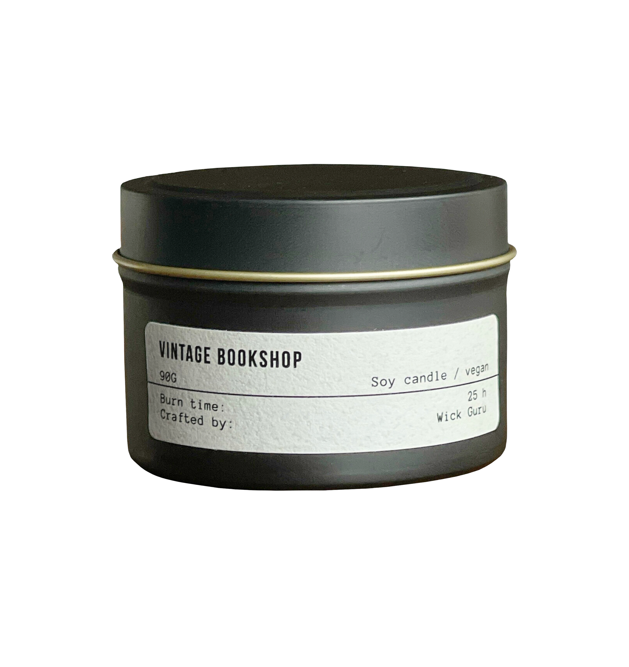 Candle in a black tin with a label on a white background