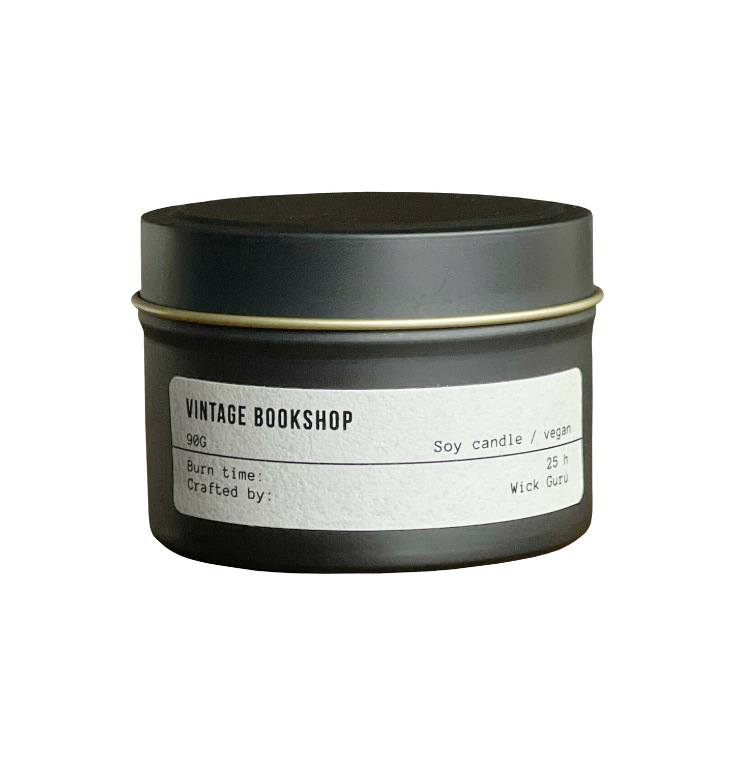 Candle in a black tin with a label on a white background