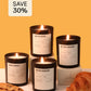 Four scented candles with labels on a yellow background, with a 'Save 30%' label.