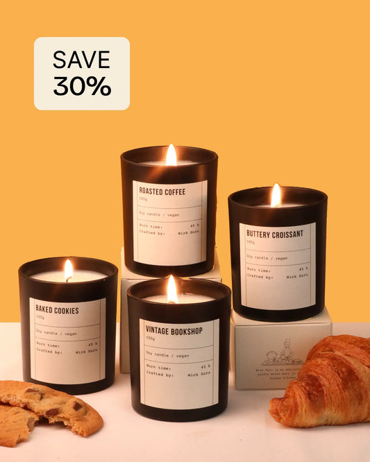 Four scented candles with labels on a yellow background, with a 'Save 30%' label.