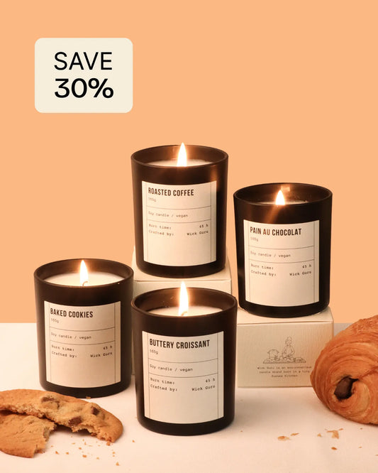 Four lit candles with labels on a peach background, with a 'Save 30%' label above.