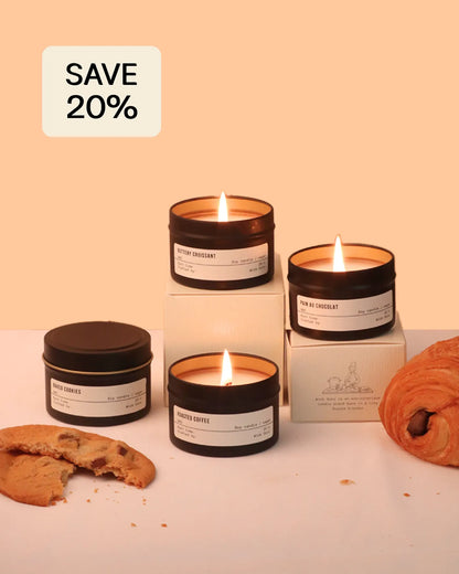 Candle set with 'SAVE 20%' label on a peach background