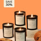 Four lit candles with labels on an orange background, with a 'Save 30%' label.