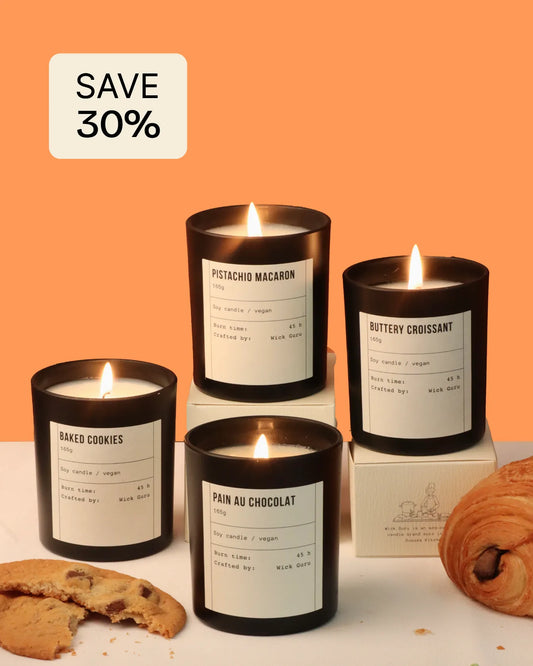Four lit candles with labels on an orange background, with a 'Save 30%' label.
