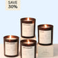 Four scented candles with labels on a light blue background, with a 'Save 30%' label above.