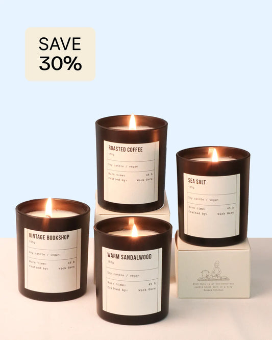 Four scented candles with labels on a light blue background, with a 'Save 30%' label above.