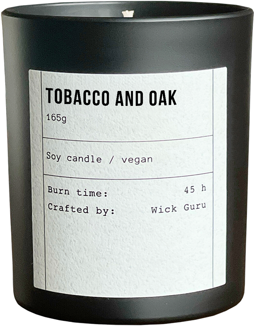 Candle with 'Tobacco and Oak' label on a white background