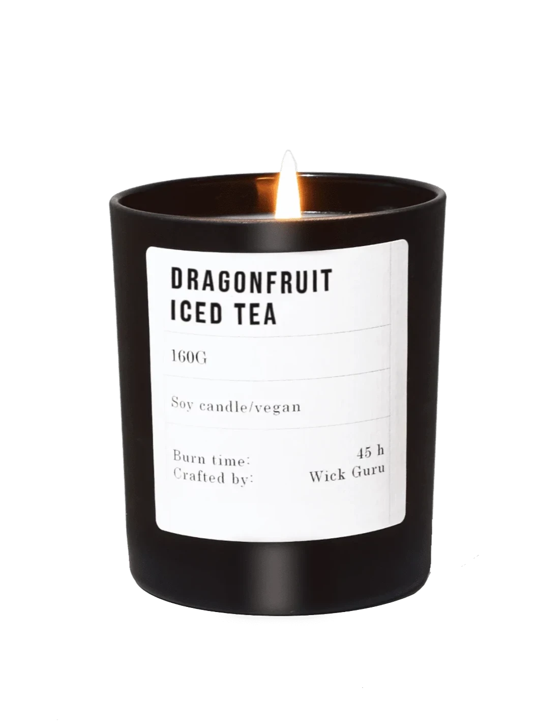 Dragonfruit Iced Tea Glass Candle - A lit soy candle with a sleek, minimalistic label, set against a black matte candle and a transparent background.